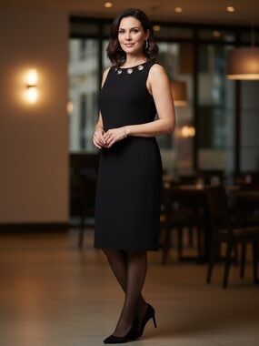 Vintage Joseph Ribkoff Black Sleeveless Sheath Dress with Metallic Eyelet Trim